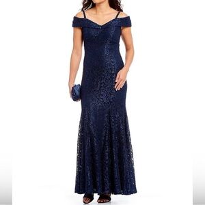 R & M Richards Off-The-Shoulder Shimmer  Lace Mermaid Gown- Naavy